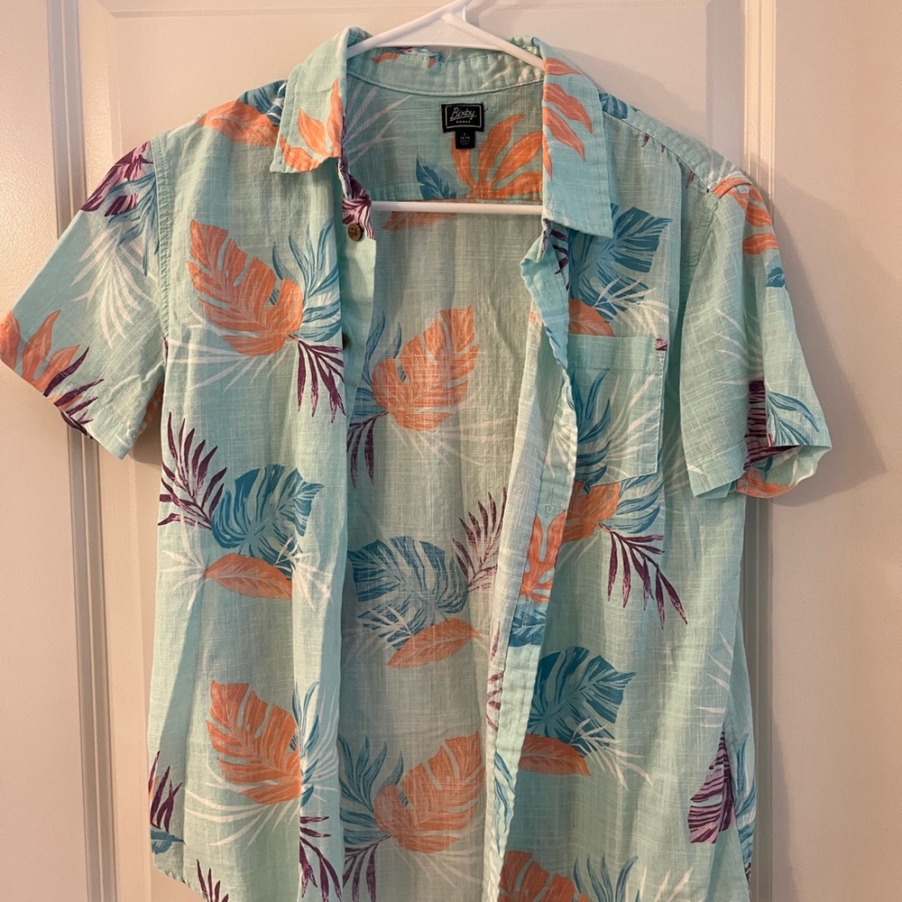 Blue and Orange Casual Button Down Shirt with Tropical Print